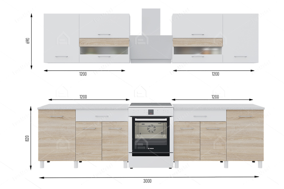 Комплект мебели для кухни Тренд 2400, Белый/Сонома, Горизонт(Россия)
